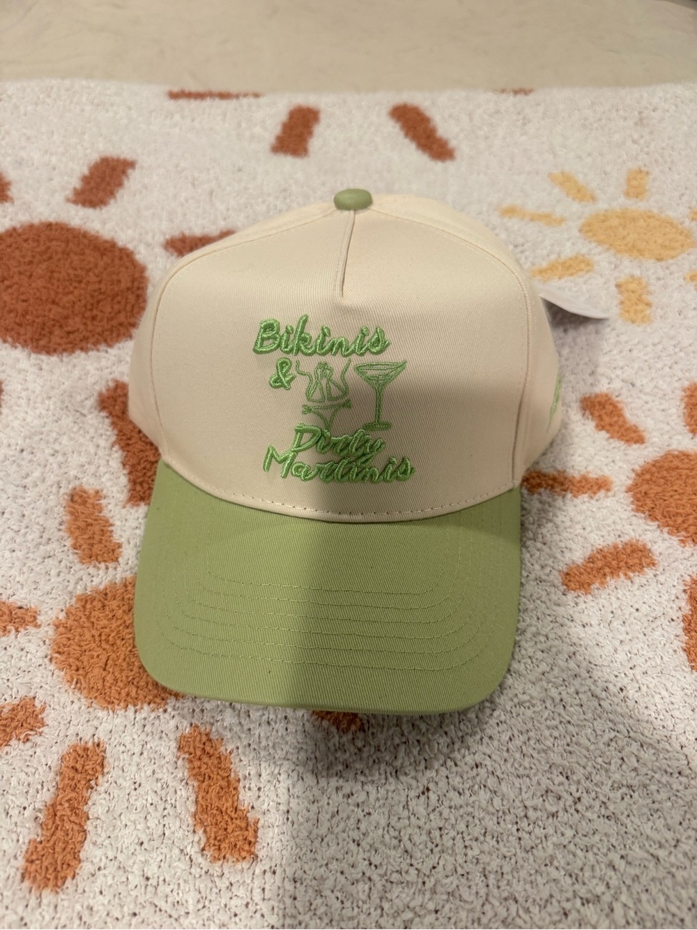 Two-Tone Green and Cream Embroidered Baseball Cap